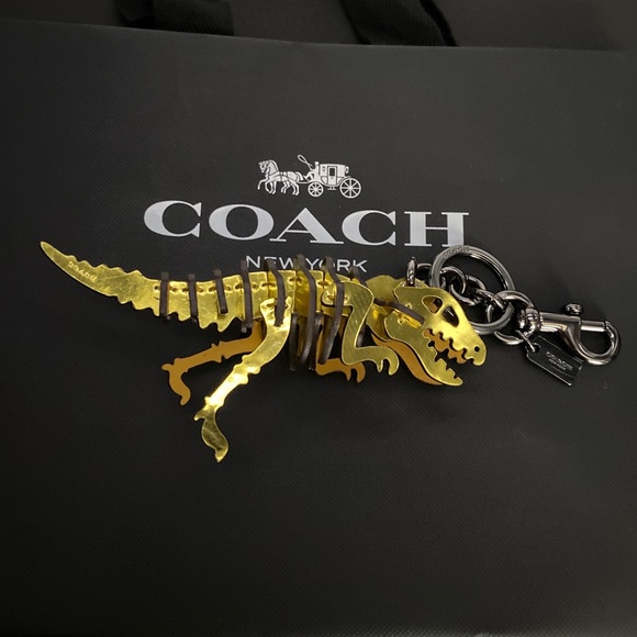Coach Gold Metallic Rexy Dinosaur Puzzle Fob Small Bag Charm Keychain NWOT Leath - Picture 8 of 11